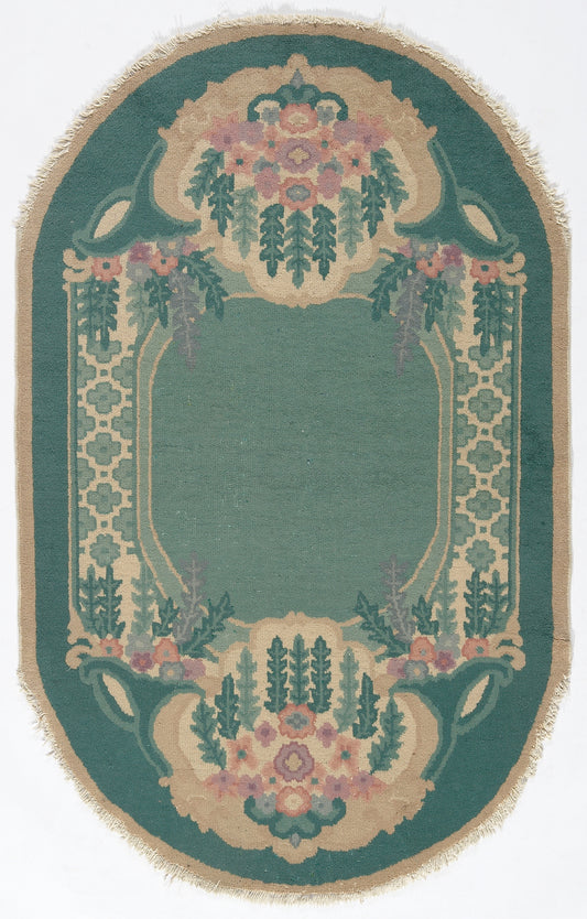 3'x5' Oval Green and Tan Vintage Chinese Art Deco Rug