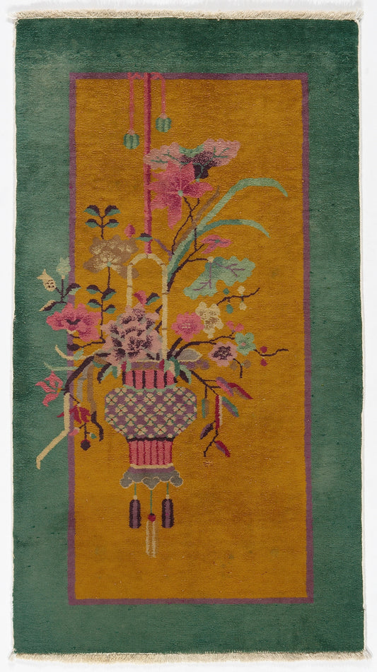 2'x4' Orange and Green Floral Chinese Art Deco Rug