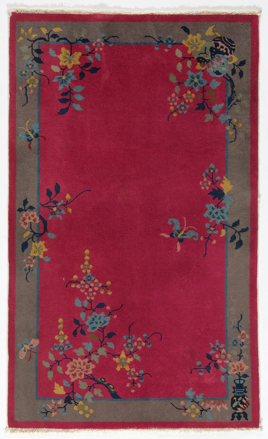 3'x5' Red and Gray Floral Chinese Art Deco Rug