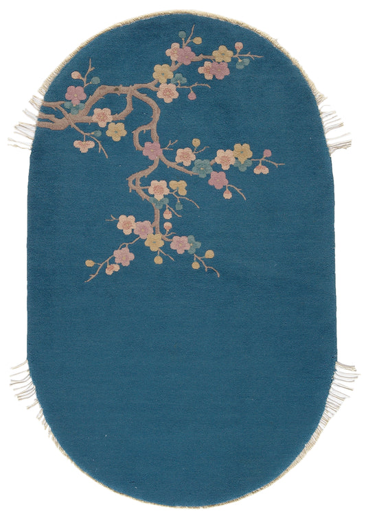 3'x5' Oval Blue Floral Vintage Chinese Art Deco Rug