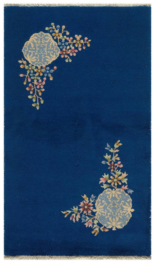 3'x4' Blue Floral Chinese Art Deco Wool Rug