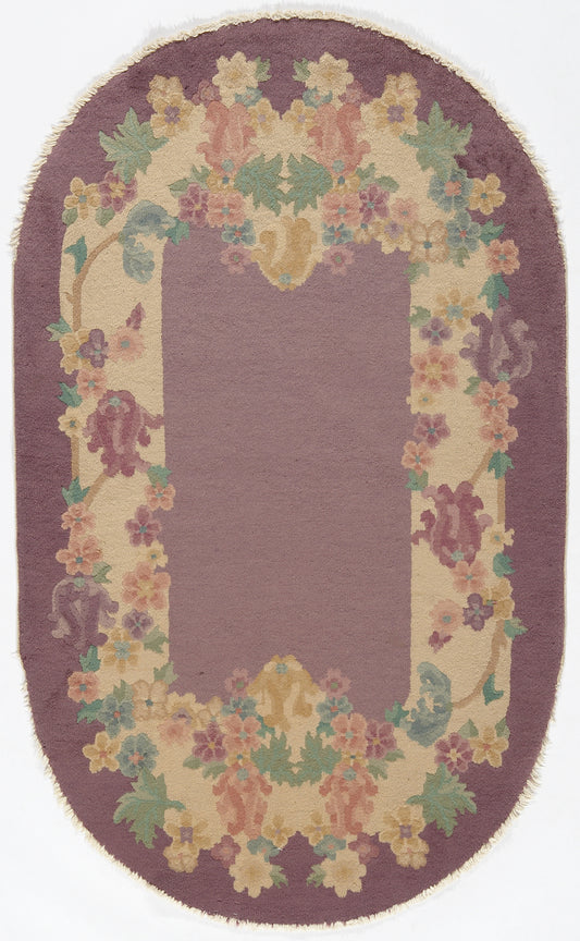 3'x5' Oval Mauve Purple and Cream Floral Chinese Art Deco Rug