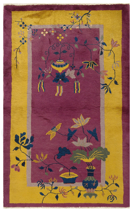 3'x5' Yellow and Purple Vintage Chinese Art Deco Rug