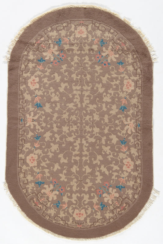 3'x5' Oval Brown Floral Chinese Art Deco Wool rug
