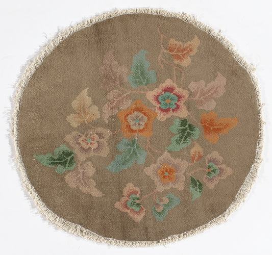 2'x2' Round Brown Floral Vintage Chinese Art Deco Wool Rug