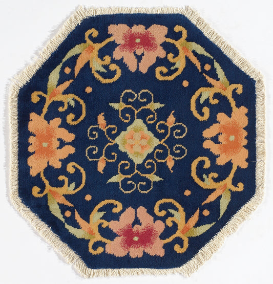 2'x2' Hexagon Floral Navy Blue Chinese Art Deco Wool Rug