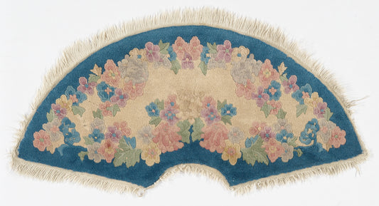 2'x4' Fan Shaped Beige and Blue Floral Chinese Art Deco Rug