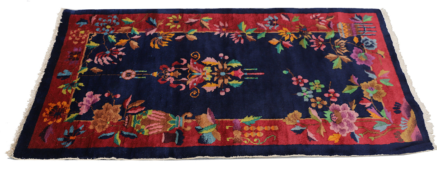 3'x5' Burgundy and Navy Floral Vintage Chinese Art Deco Rug