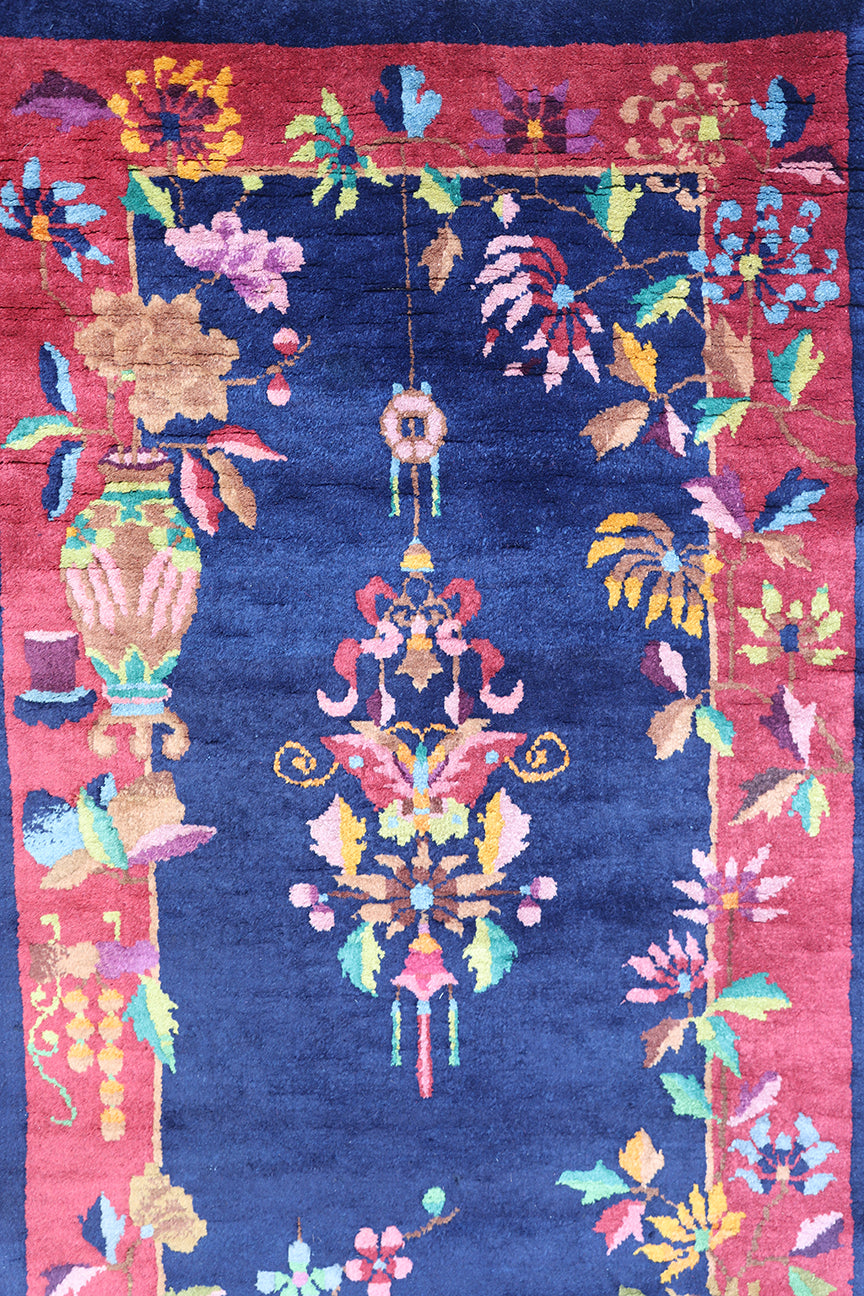 3'x5' Burgundy and Navy Floral Vintage Chinese Art Deco Rug