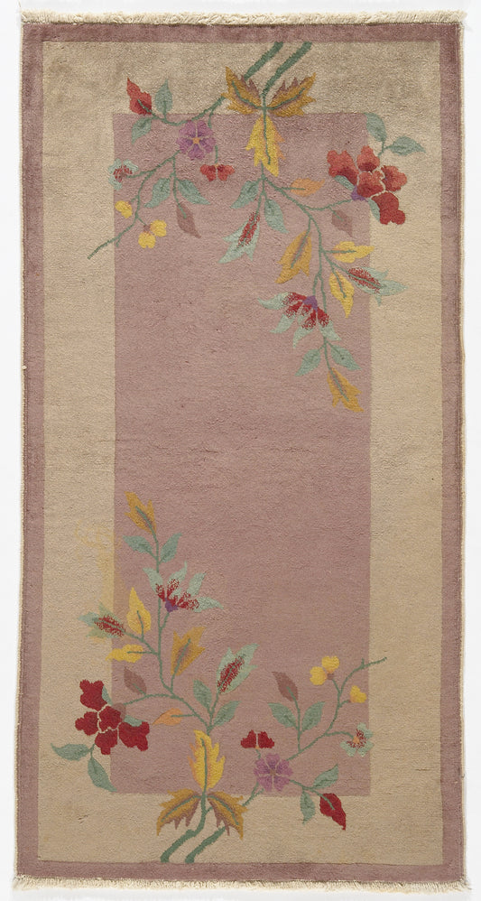 3x5 Mauve and Tan Beige Floral Chinese Art Deco Wool Rug