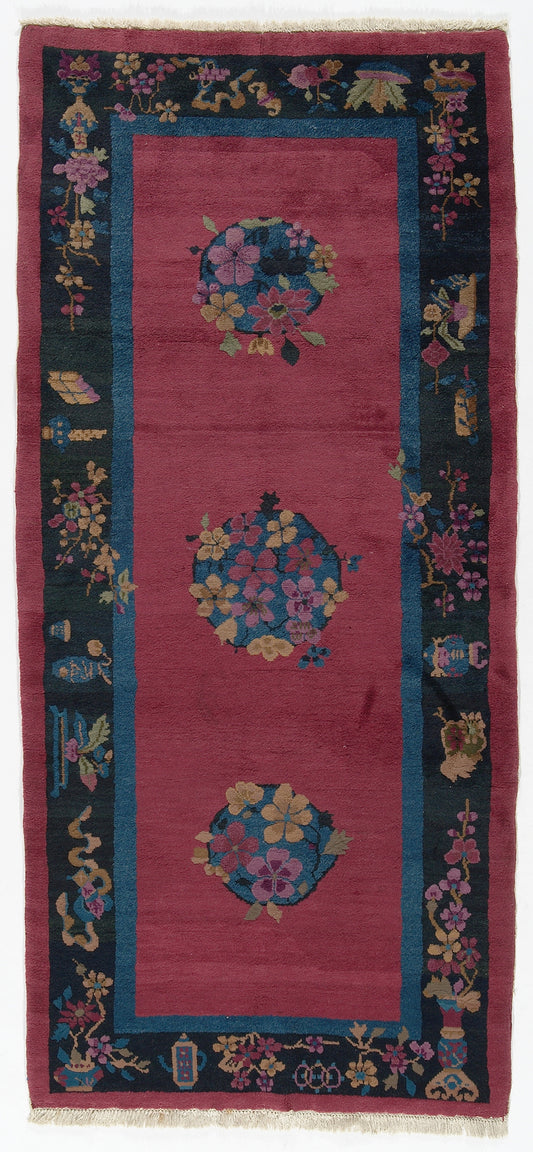 3'x7' Magenta and Navy Blue Floral Chinese Art Deco Wool Rug