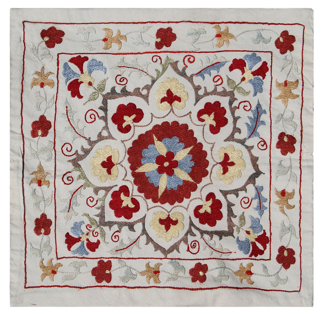 20'x20'' Ivory and Red Susani Uzbek Embroidered Pillowcase