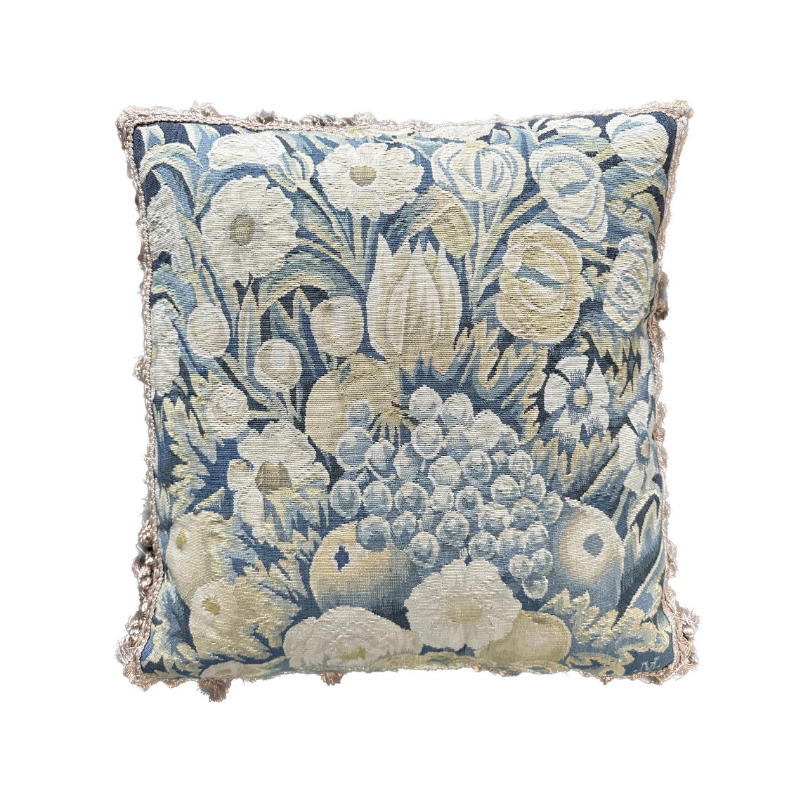 20"x20" Blue Green Floral Pictural Aubusson Pillow with Golden Brown Tassels