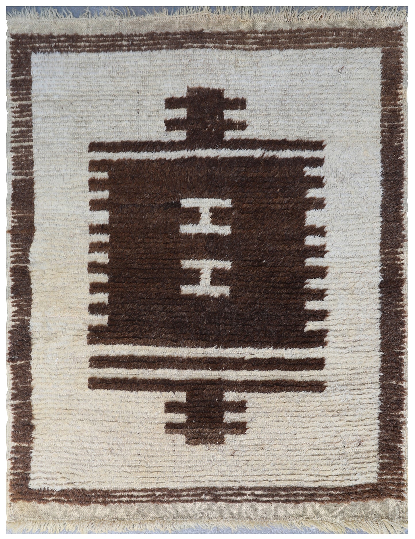 4'x5' Ivory and Brown Vintage Geometric Tribal Turkish Wool Tulu Area Rug