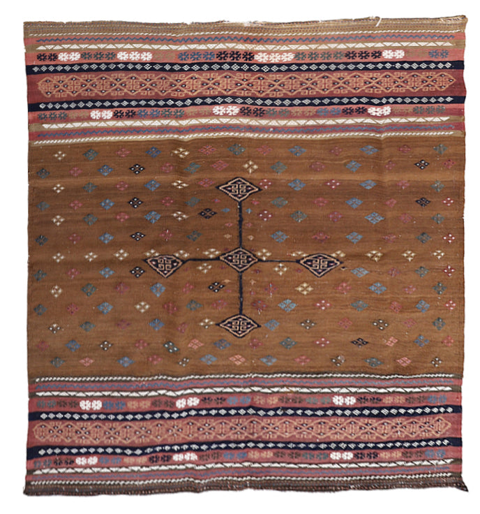 4'x4' Semi Antique Tribal Flat-weave 19th C Persian Afshar Camel Sofreh Rug