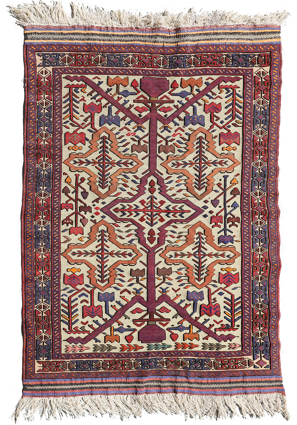 4'x5' Afghan Tribal Soumak and Knotted High Low 100% Wool Rug