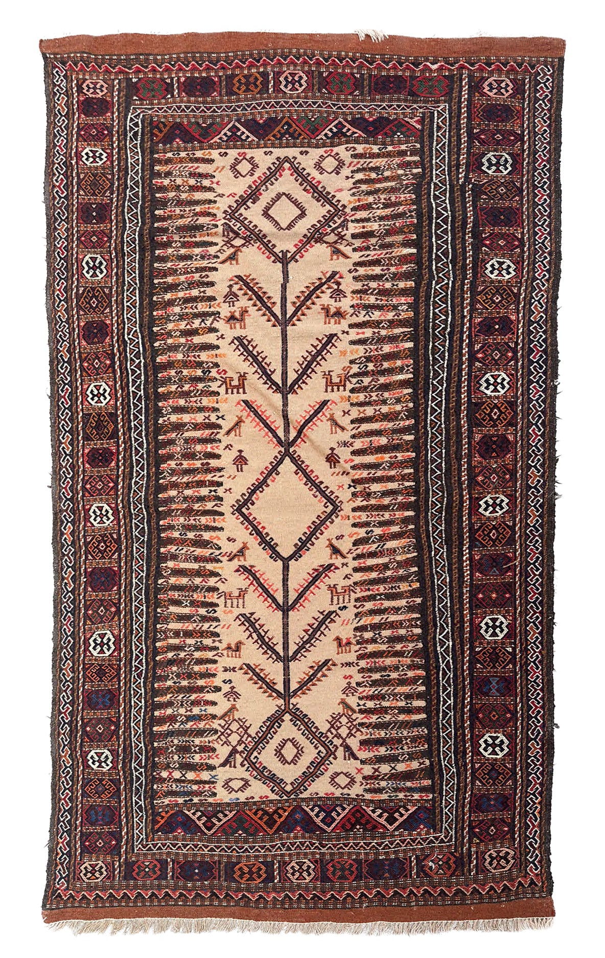 4'x6' Camel, Red, Blue Persian Qutchan Baluch Sofreh Woven Kilim