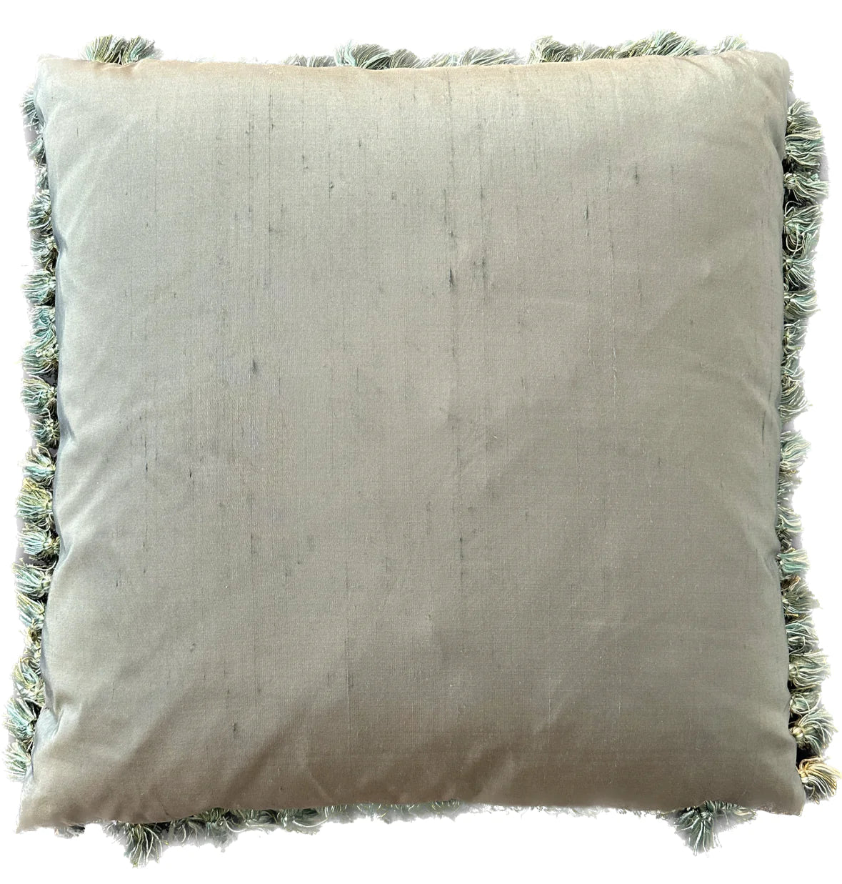 21"x21" Blue and Green Floral Aubusson Silk and Wool Pillow with Green Tassels