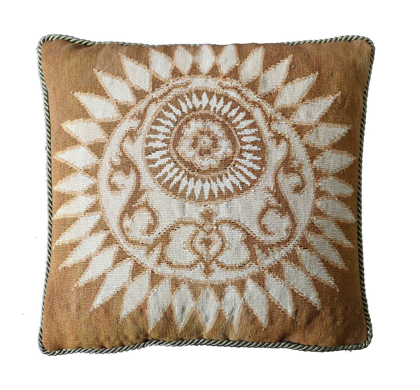 20"x20" Brown and Cream Square Hand Woven Aubusson Pillow