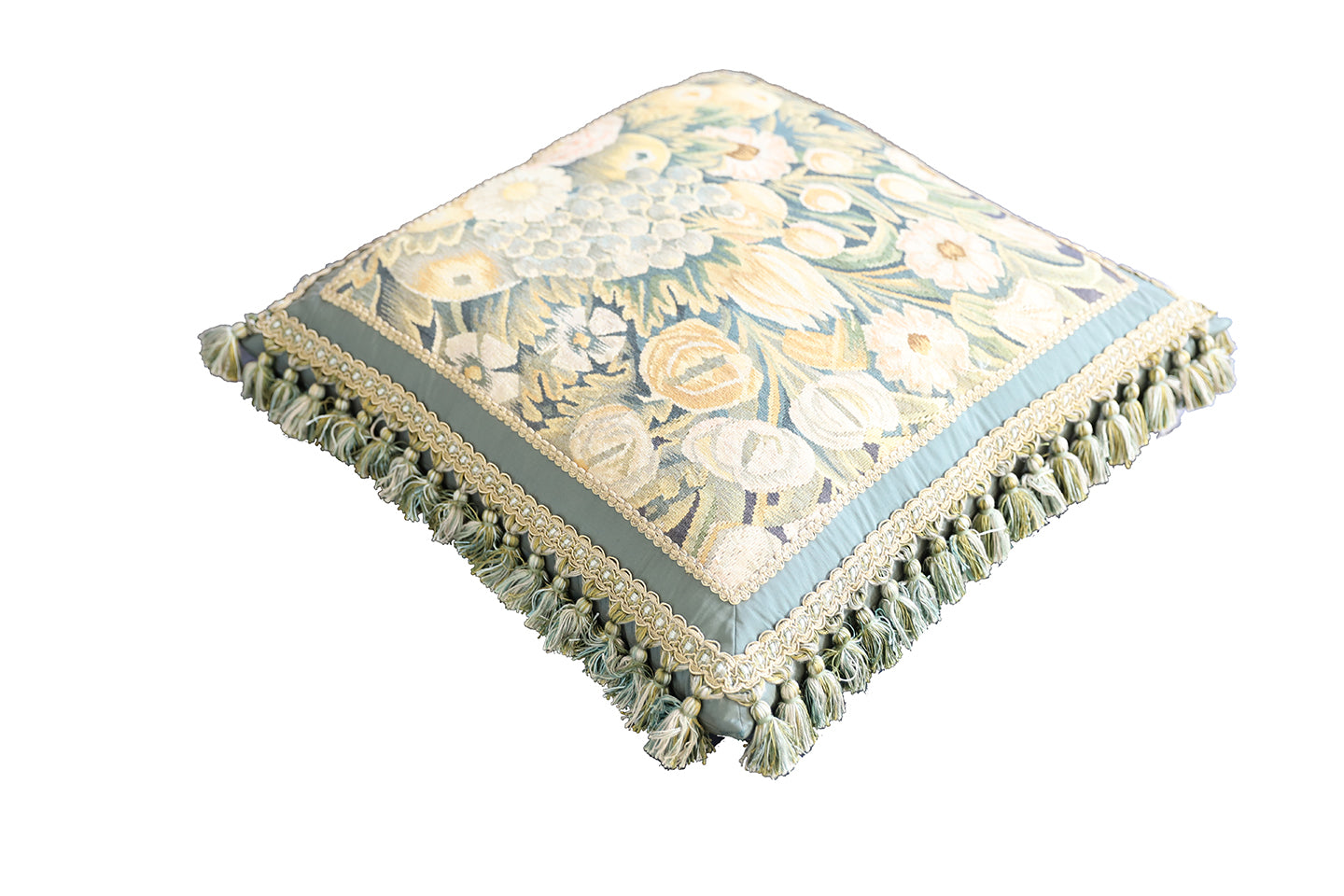 21"x21" Blue and Green Floral Silk Aubusson Pillow
