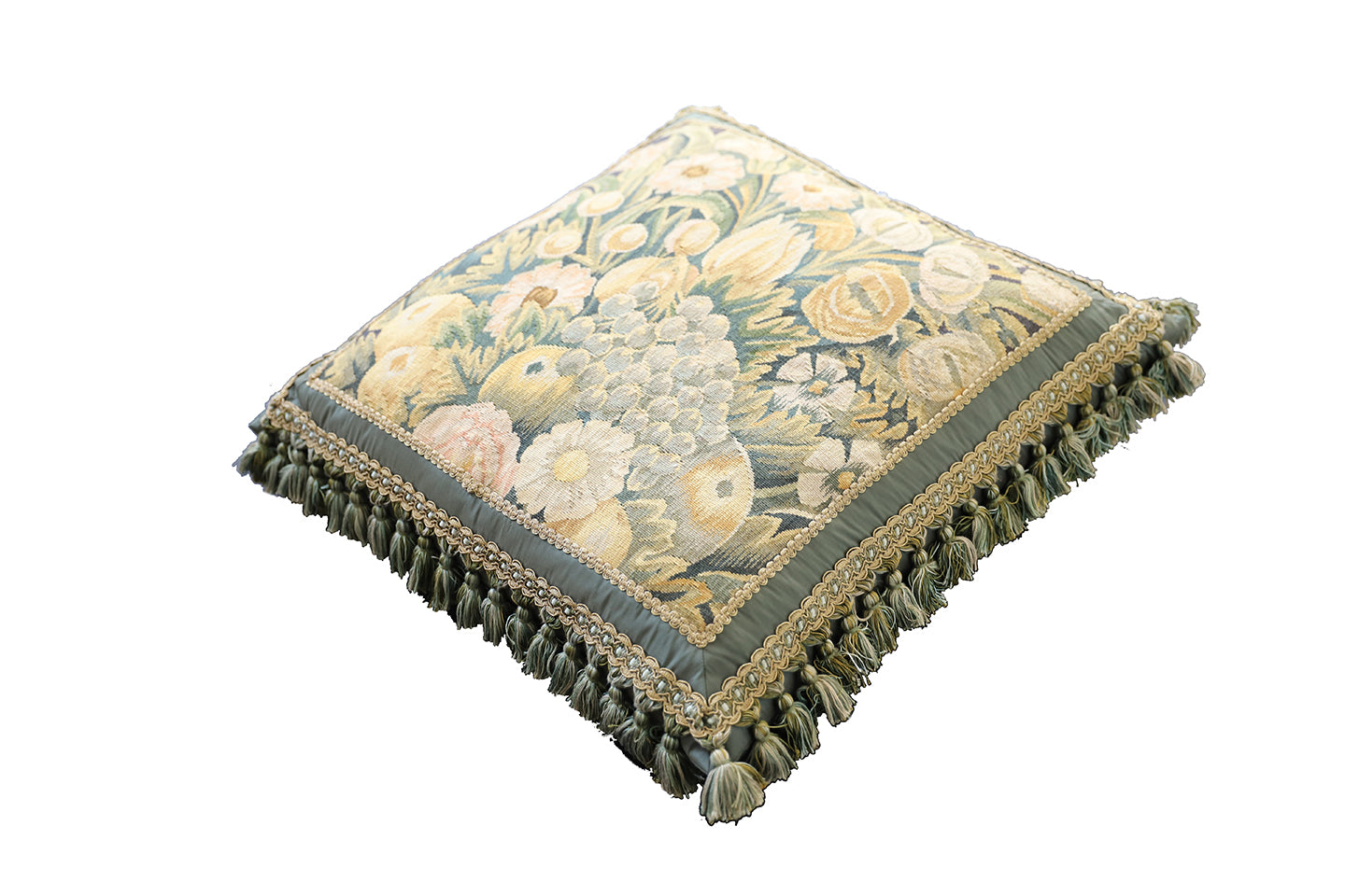 21"x21" Blue and Green Floral Silk Aubusson Pillow