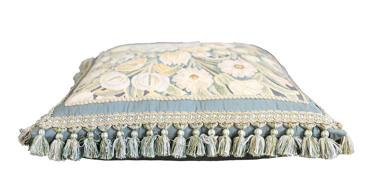 21"x21" Blue and Green Floral Silk Aubusson Pillow