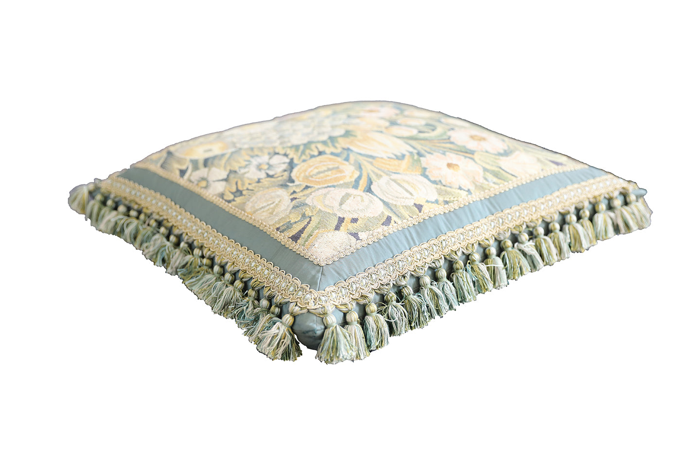 21"x21" Blue and Green Floral Silk Aubusson Pillow