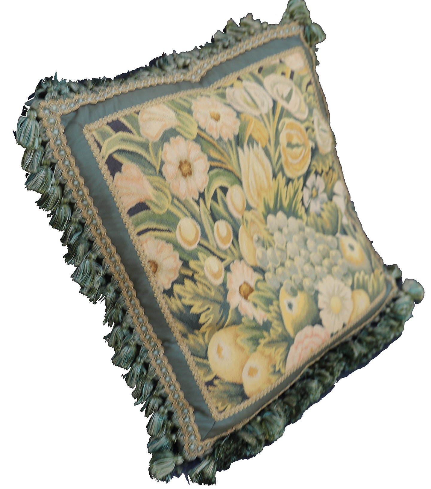 21"x21" Blue and Green Floral Aubusson Silk and Wool Pillow with Green Tassels