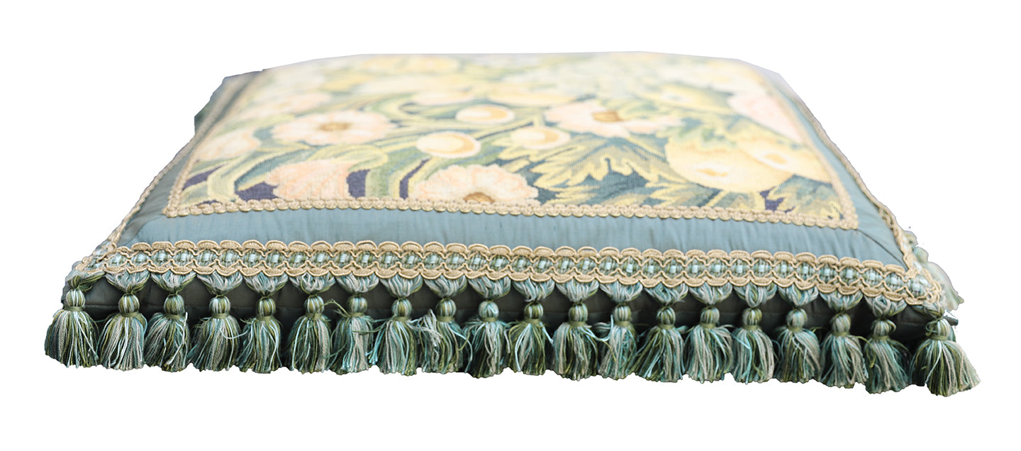21"x21" Blue and Green Floral Aubusson Silk and Wool Pillow with Green Tassels