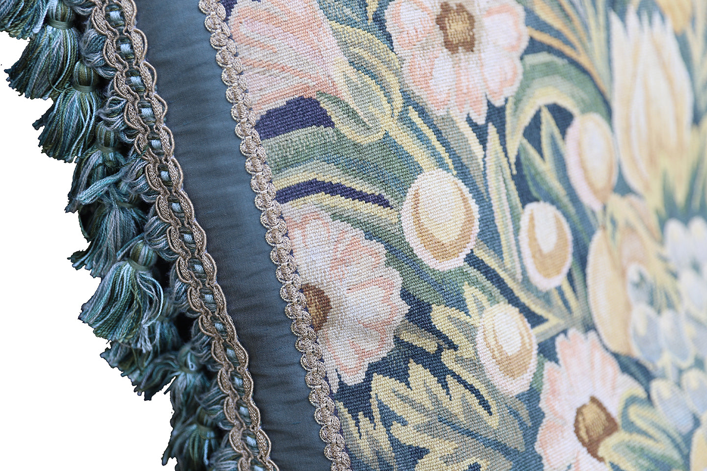 21"x21" Blue and Green Floral Aubusson Silk and Wool Pillow with Green Tassels