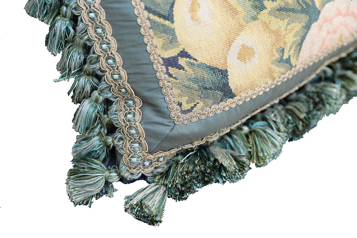 21"x21" Blue and Green Floral Aubusson Silk and Wool Pillow with Green Tassels