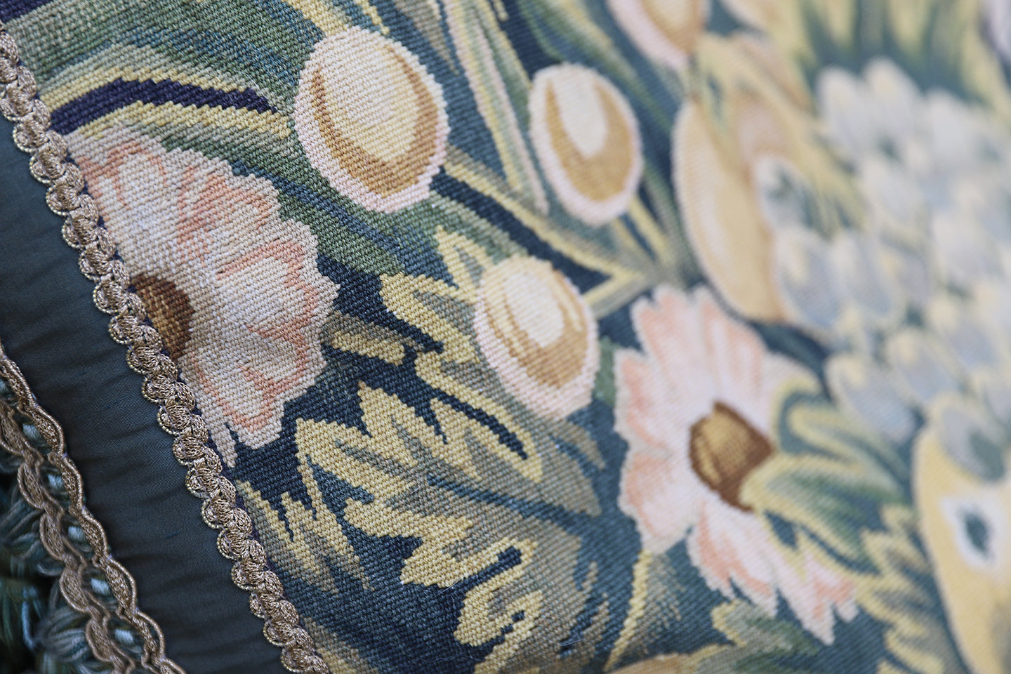21"x21" Blue and Green Floral Aubusson Silk and Wool Pillow with Green Tassels