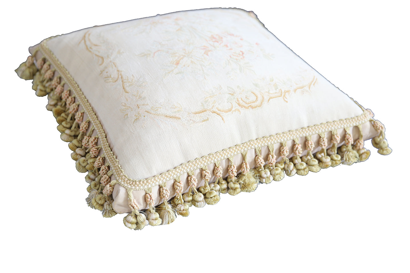 22"x22" Ivory White Floral Aubusson Silk Decor Pillow