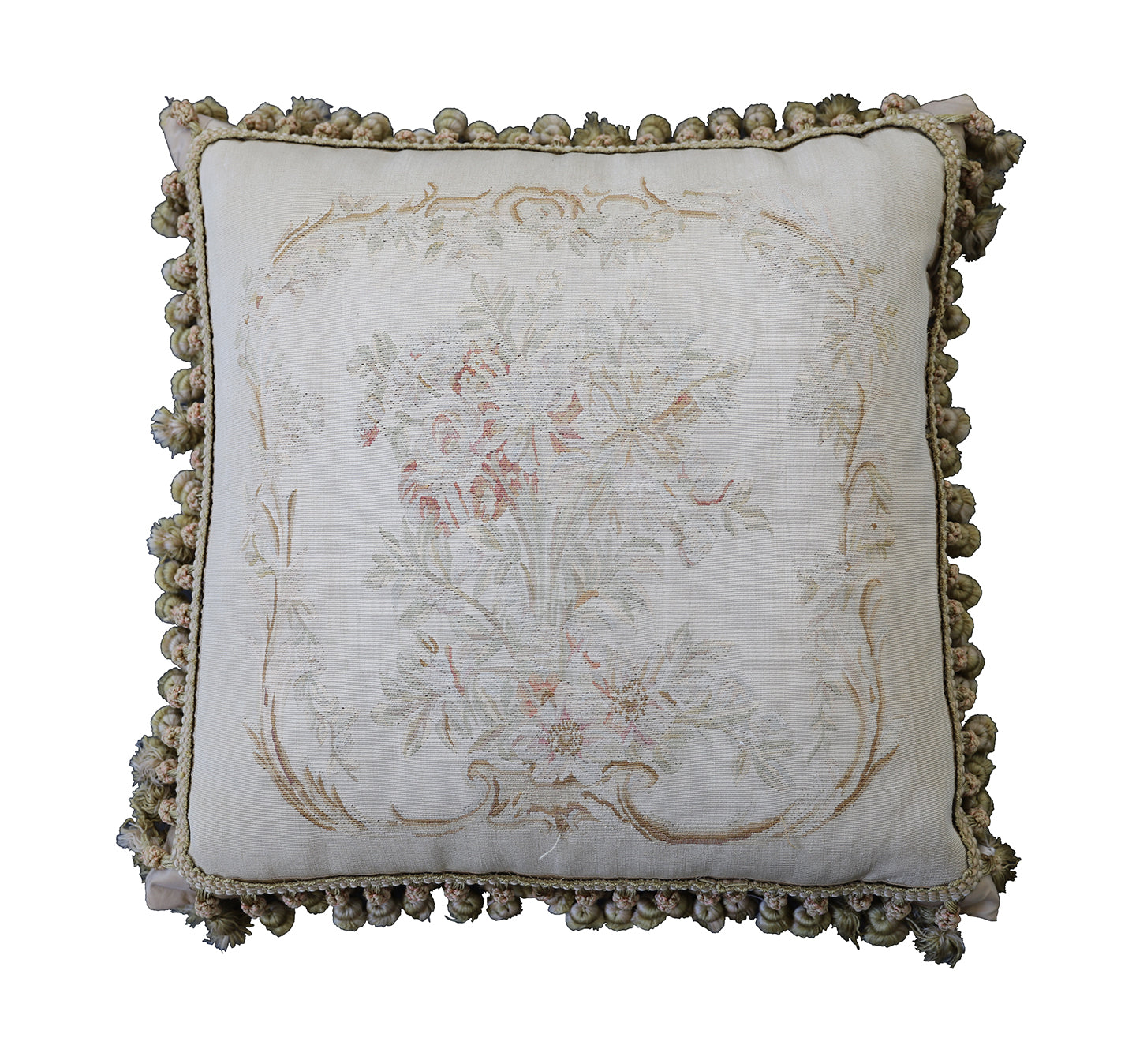 22"x22" Ivory White Floral Aubusson Silk Decor Pillow