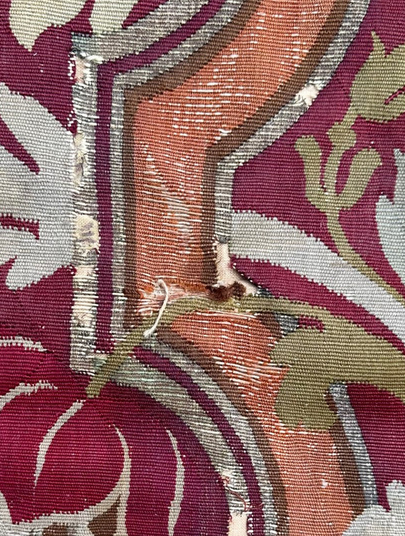 5'x8' Rare Antique French Aubusson Fragment Wool and Metal Rug