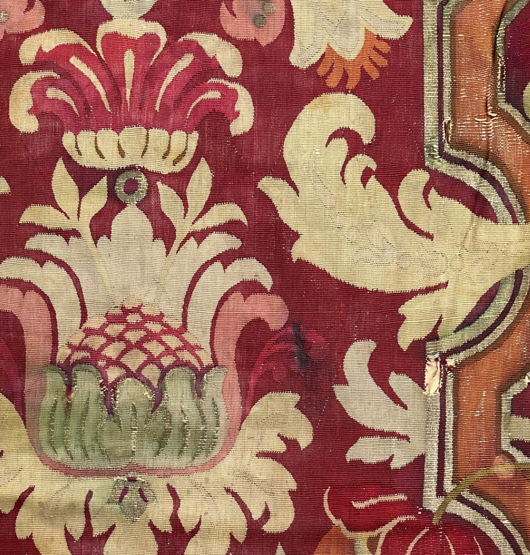 5'x8' Rare Antique French Aubusson Fragment Wool and Metal Rug