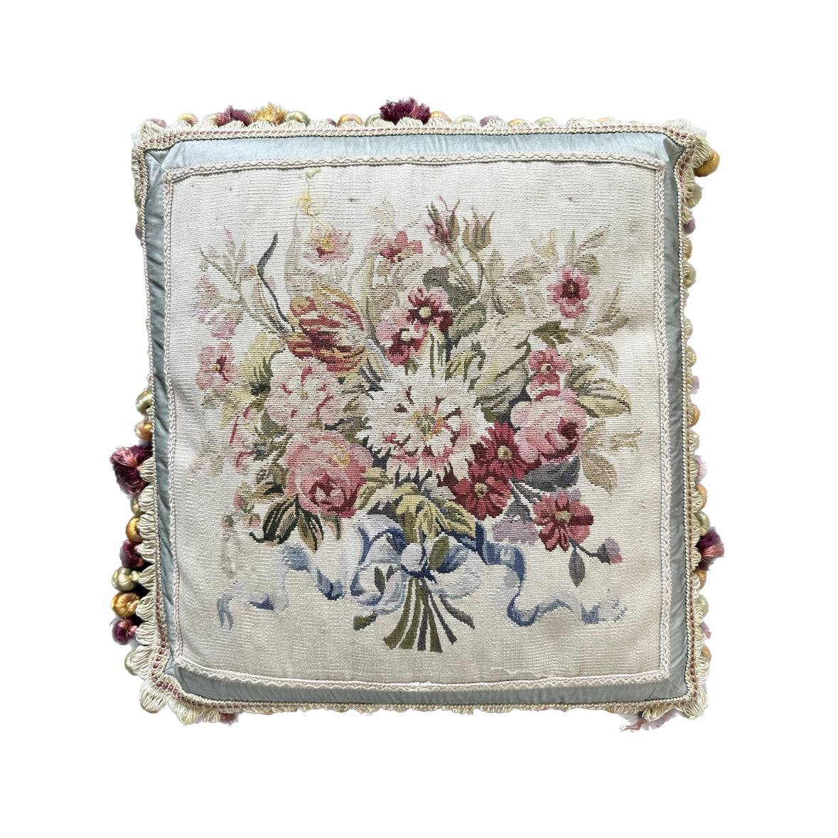 19"x19" Light Blue and Cream Floral Aubusson Pillow