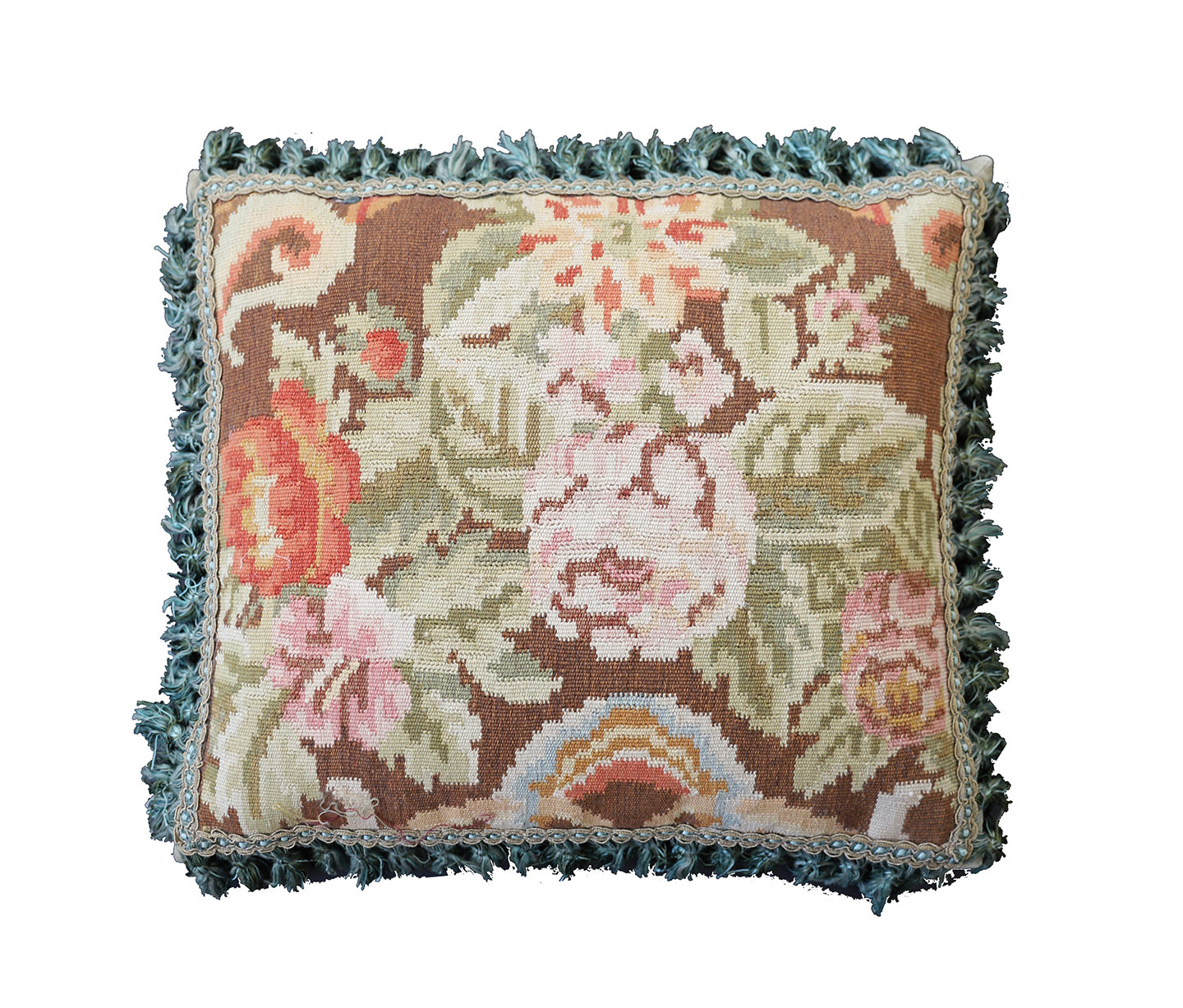 18"x21" Brown Floral Hand Made Wool Decor Pillow