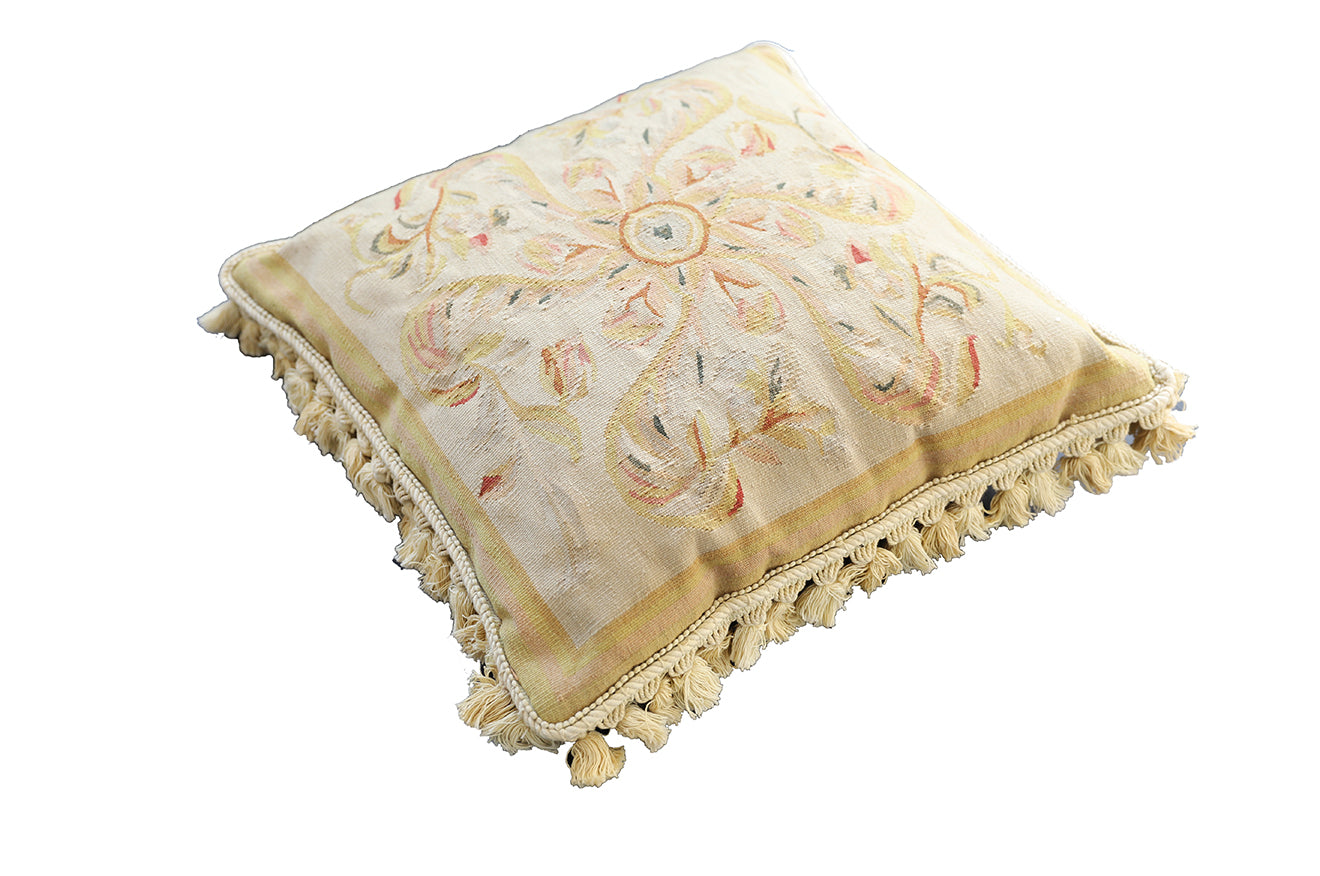 20"x20" Cream Beige Tan Floral Aubusson Style Pillow