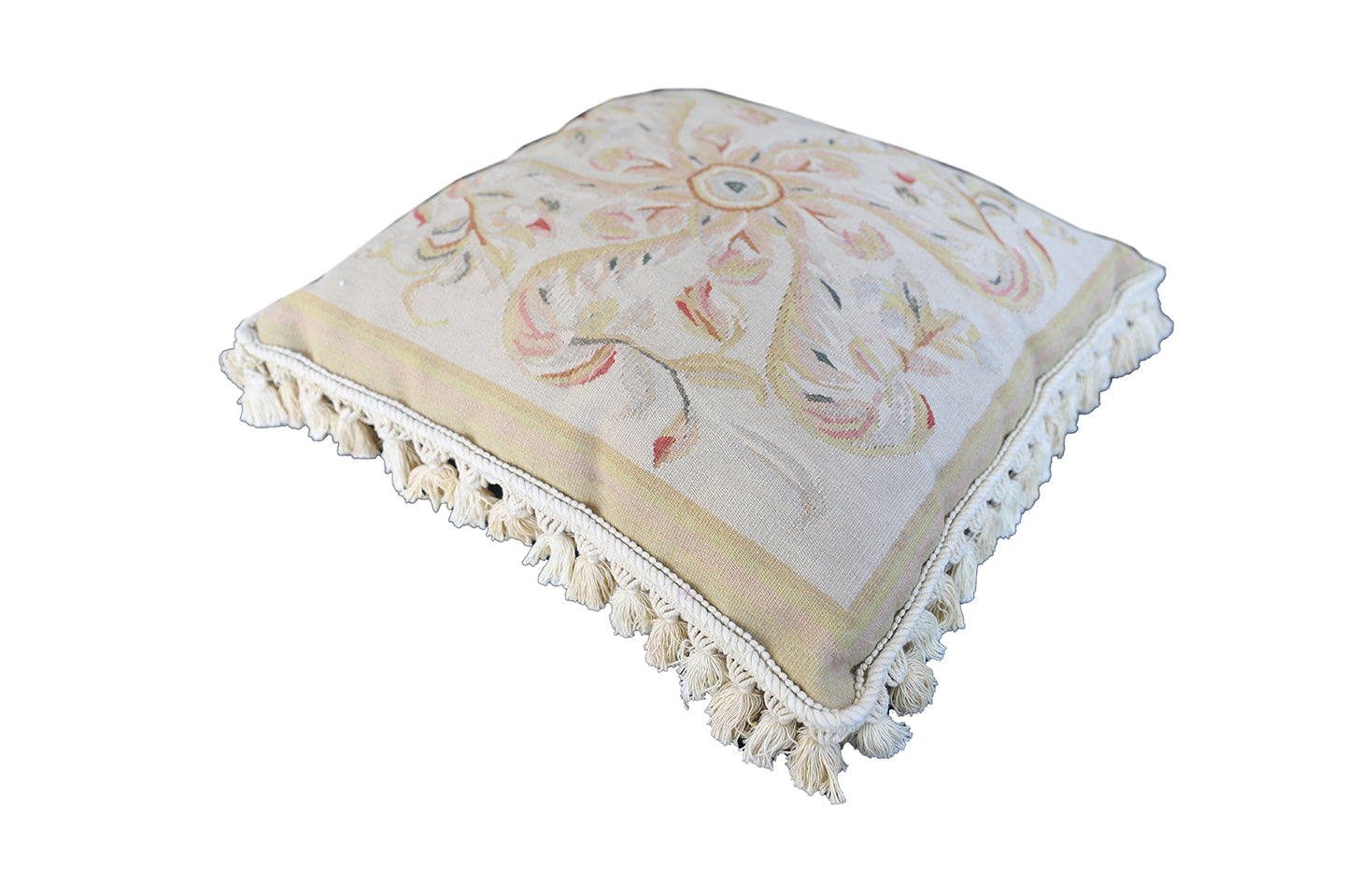 20"x20" Cream Beige Tan Floral Aubusson Style Pillow