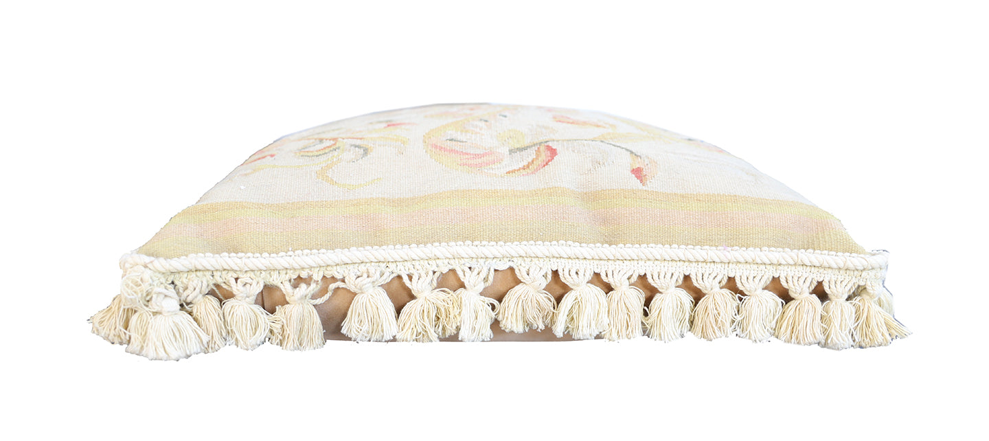 20"x20" Cream Beige Tan Floral Aubusson Style Pillow