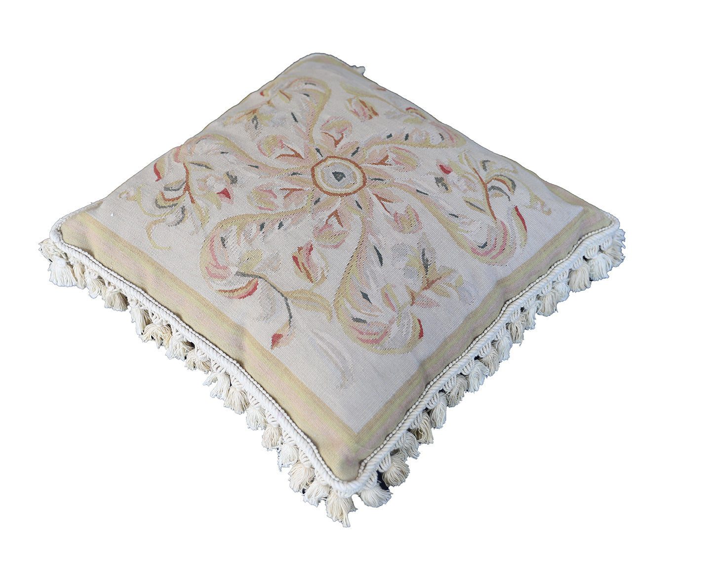 20"x20" Cream Beige Tan Floral Aubusson Style Pillow