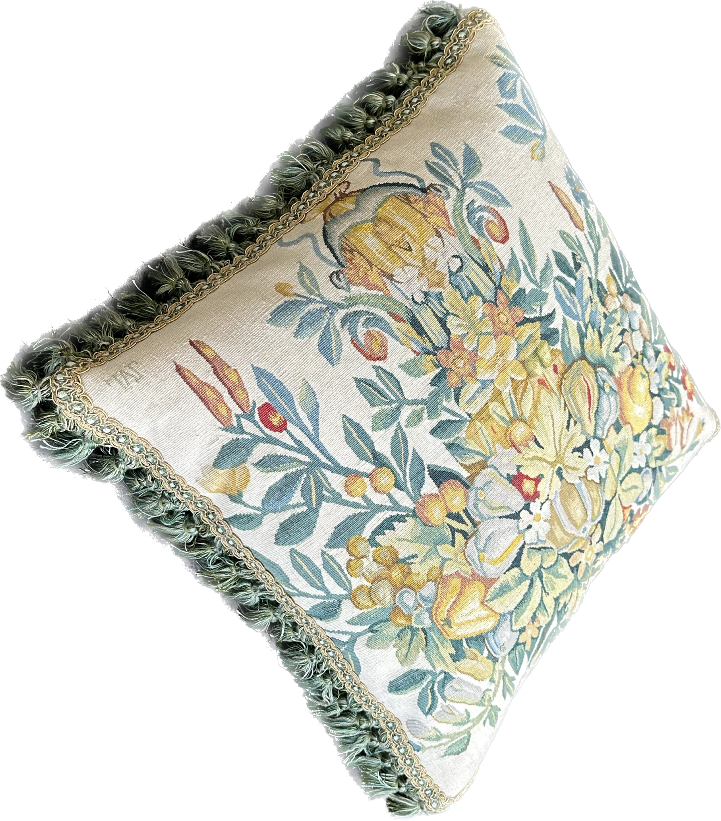 20" x 20" Very Fine Wool and Silk Blend Aubusson Weave Blue Gold Fruit Tree Design Pillow