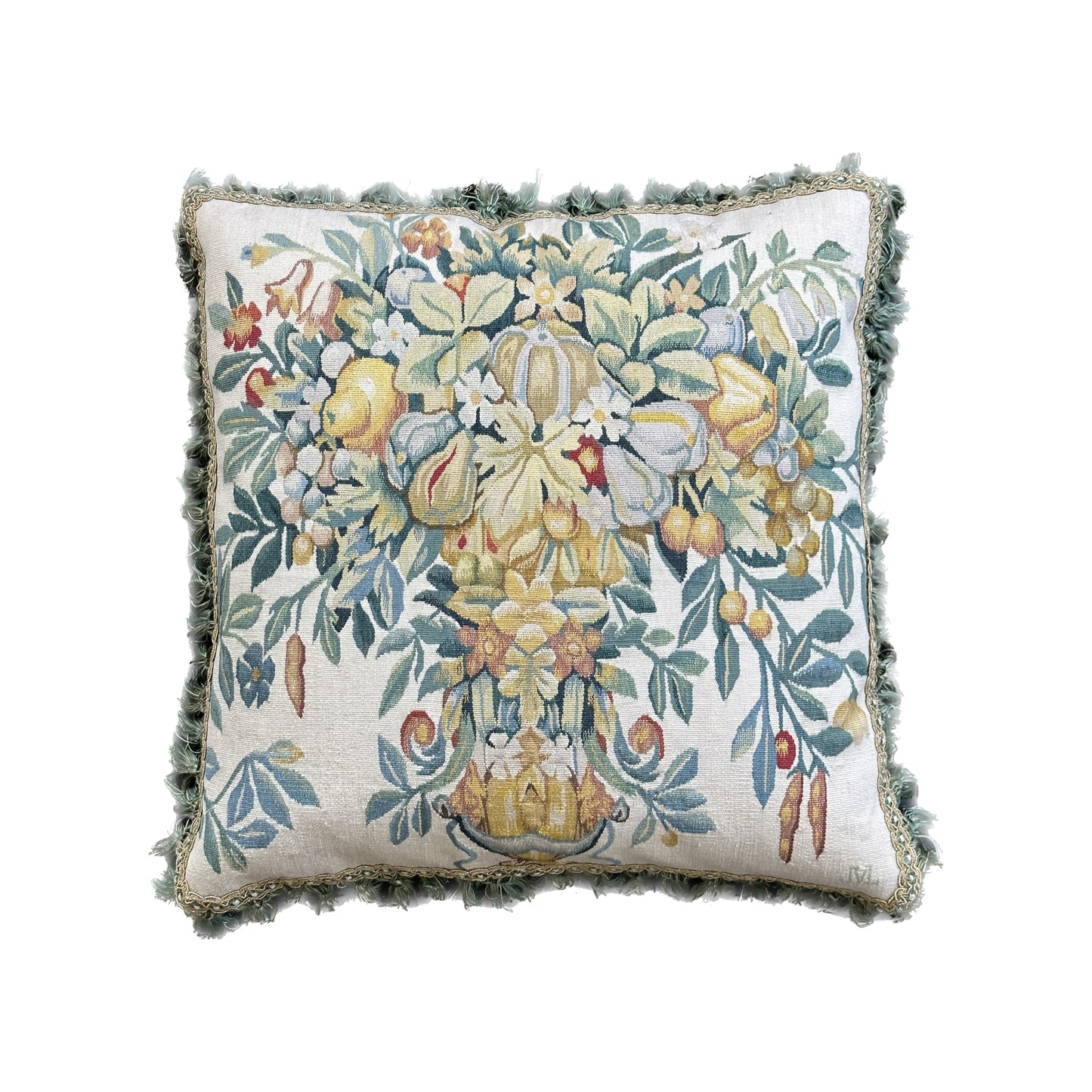 20" x 20" Very Fine Wool and Silk Blend Aubusson Weave Blue Gold Fruit Tree Design Pillow
