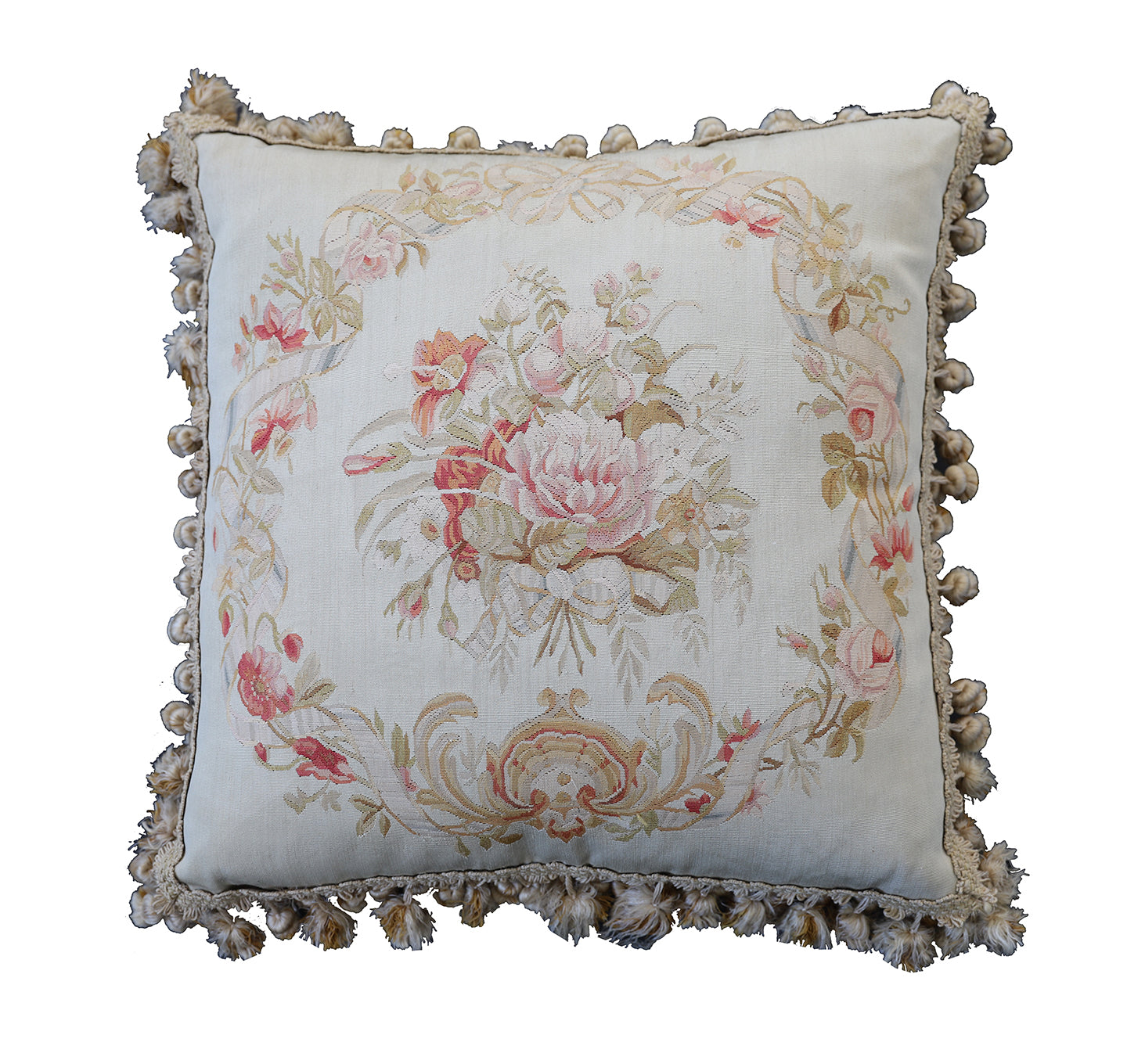 22"x22" Ivory and Pink Floral Aubusson Silk Pillow