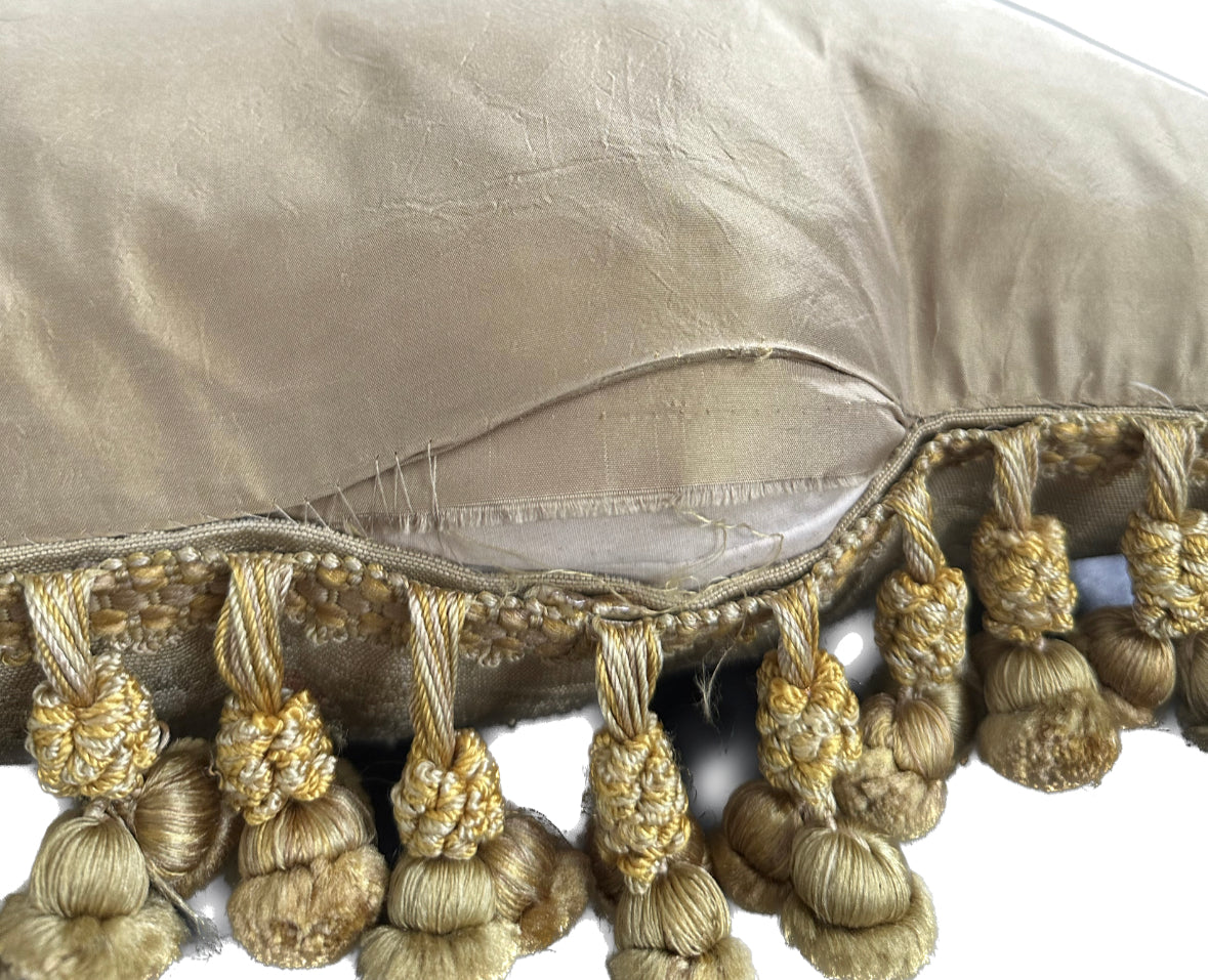 20"x20" Cream Floral Aubusson Pillow with Gold Tassels