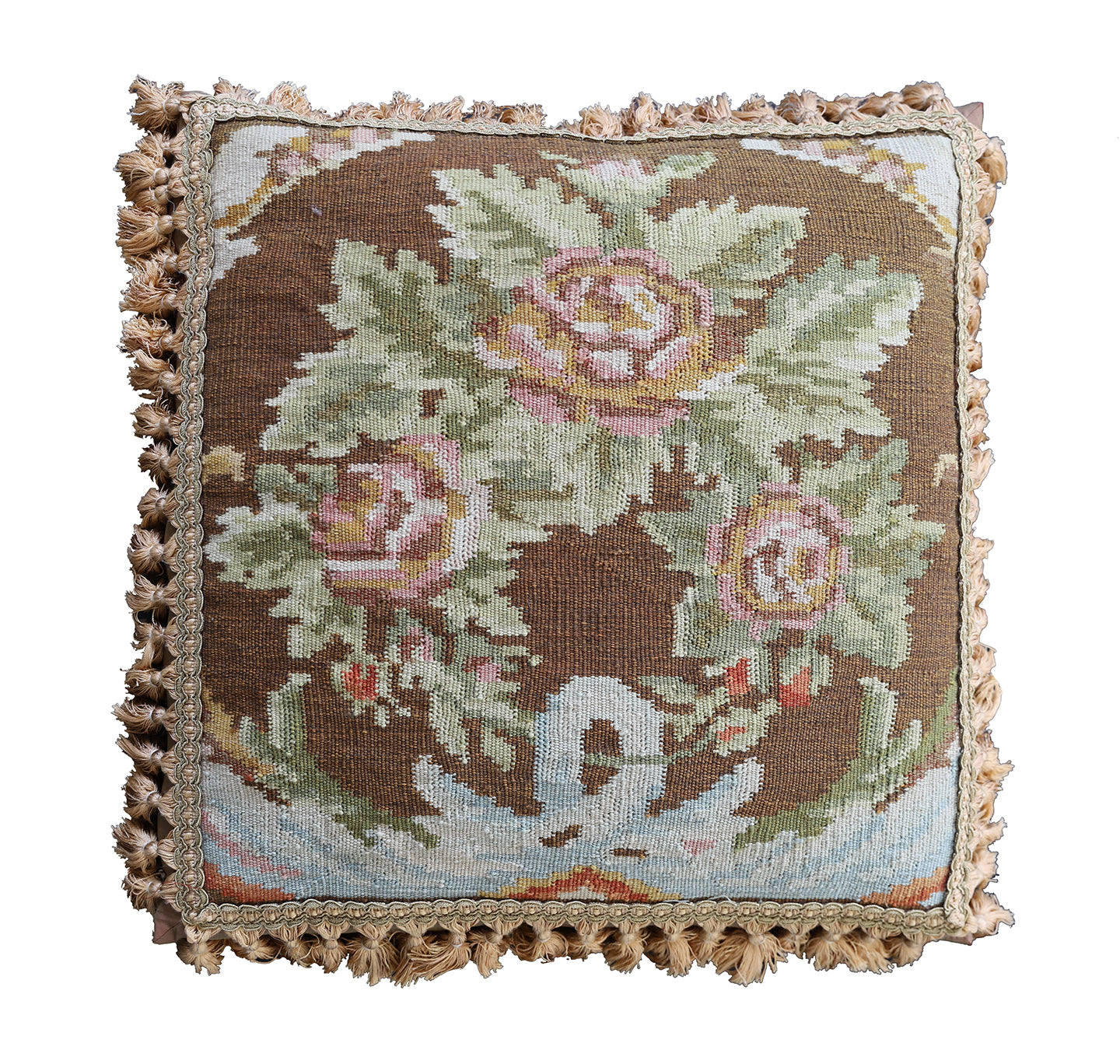 2'x2' Brown Wool Floral Aubusson Pillow with Golden Brown Tassels