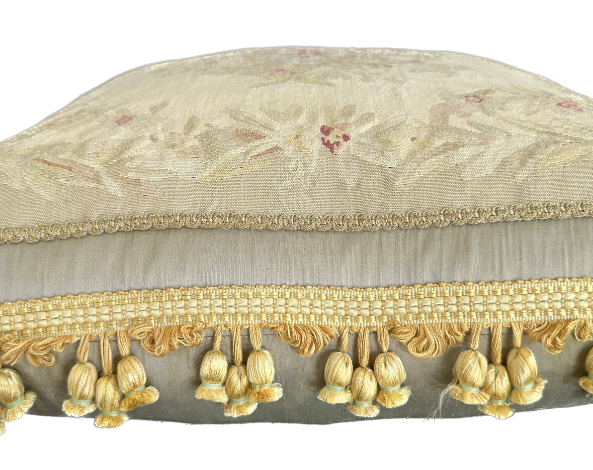 23" x 23" Gray Silver Beige Floral Silk Aubusson Pillow