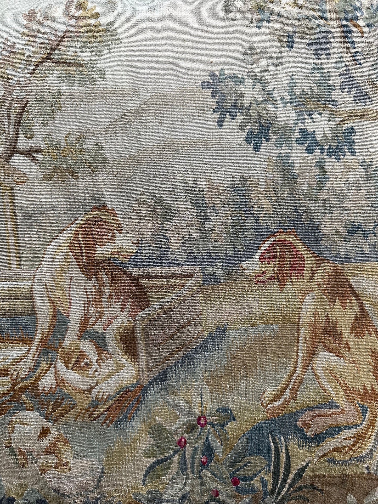 22" x 22" Cream Beige and Gray Dog Illustration Aubusson Silk Pillow