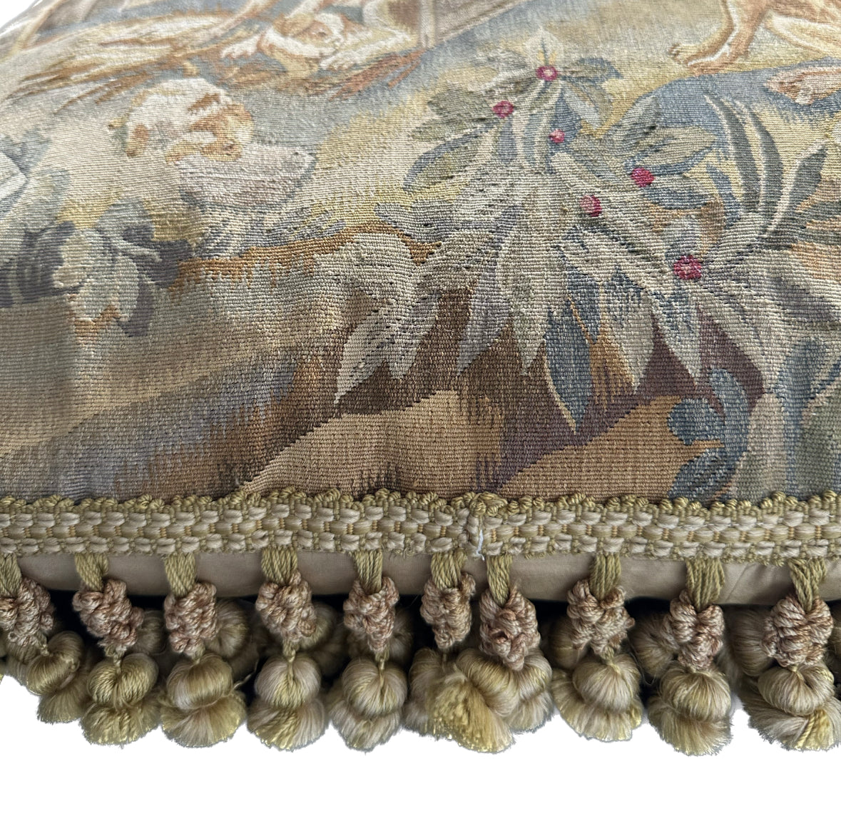22" x 22" Cream Beige and Gray Dog Illustration Aubusson Silk Pillow